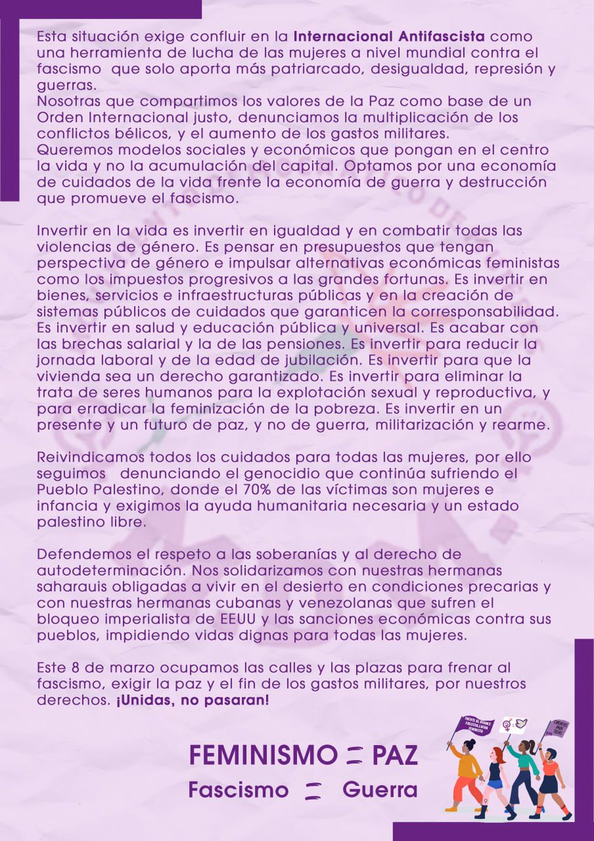 Frente al fascismo, lucha feminista

Feminismo = paz 

Fascismo = guerra

#8M #MDM #FDIM #rabiafeminista  #DiaInternacionalMujerTrabajadora #feminismo #guerra #Paz #luchafeminista