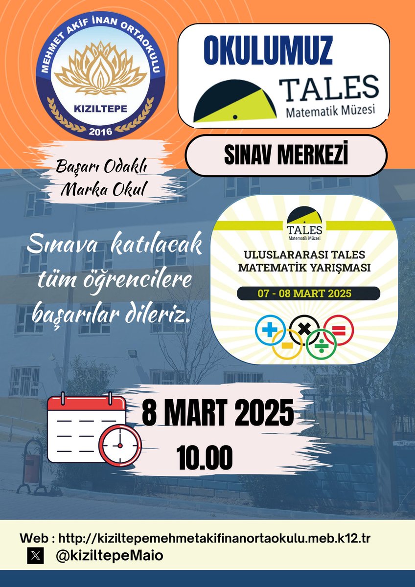 Tales Matematik ve Fen Bilimleri Sınav Merkezi olan Okulumuzda 08.03.2025 tarihinde saat 10.00 da Tales Matematik Sınavı başarıyla uygulandı.