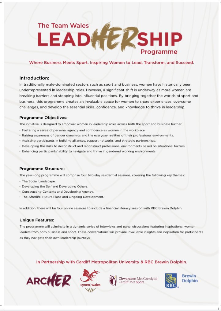 Excited and grateful to have the opportunity to work with some amazing people <a href="/CMetSport/">Cardiff Met Sport</a> <a href="/TeamWales/">Tîm Cymru 🏴󠁧󠁢󠁷󠁬󠁳󠁿 Team Wales</a> and <a href="/brewindolphin/">RBC Brewin Dolphin</a> on this. For more information: teamwales.cymru/leadhership