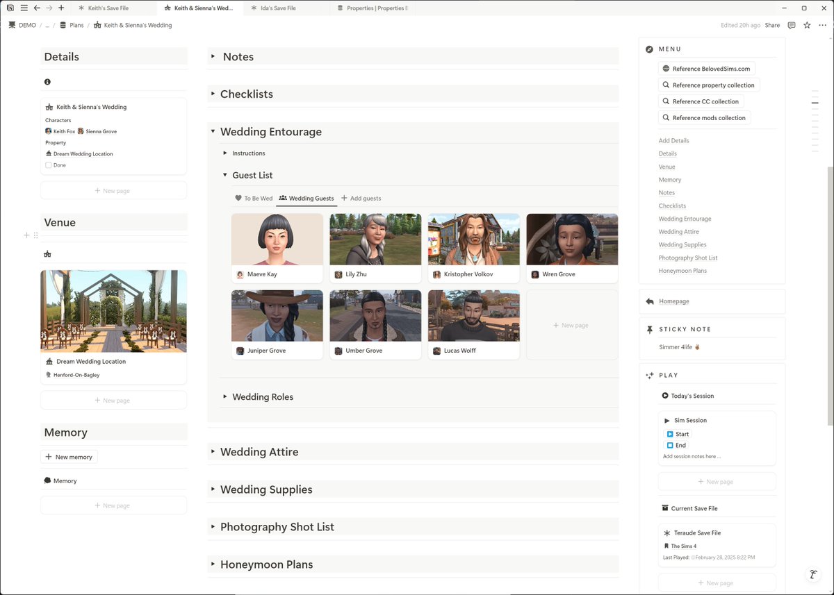 I've been working on a big update for the SimGuardian following the release of the Businesses &amp; Hobbies pack and The Sims 1. I've also added some new features, including a new wedding event that doubles as a  wedding planner! 💒 Here's a sneak peek. 😊
#TheSims4 #Notion
