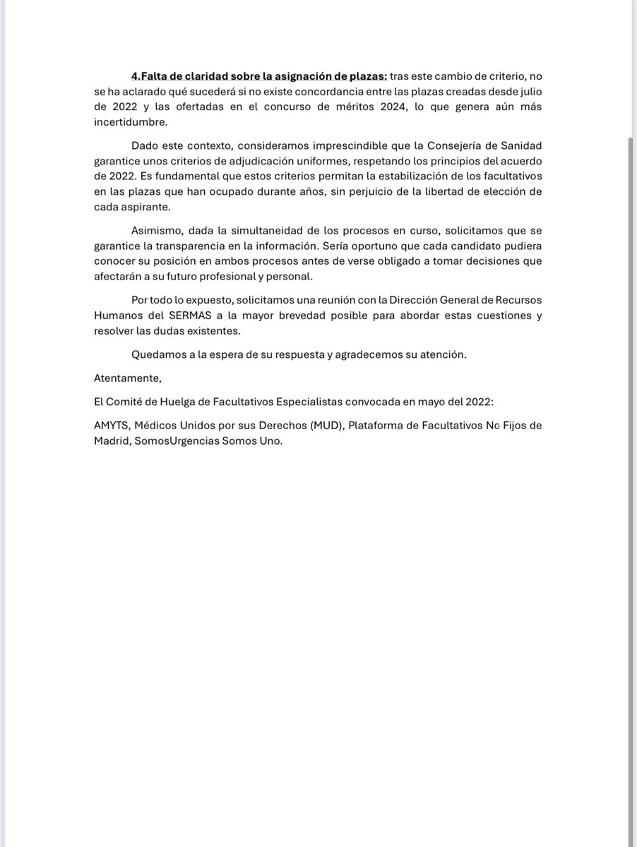 El comité de la huelga de facultativos temporales de mayo 2022 ha solicitado reunión urgente con la DG de RRHH del SERMAS  en relación al método que quieren utilizar para ofertar las plazas en el concurso de méritos convocado 2024.