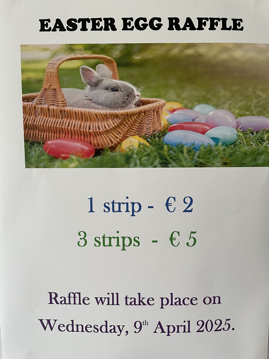It’s Easter Raffle time! Tickets are available from Veronica in the school office. Best of luck everyone 🐣