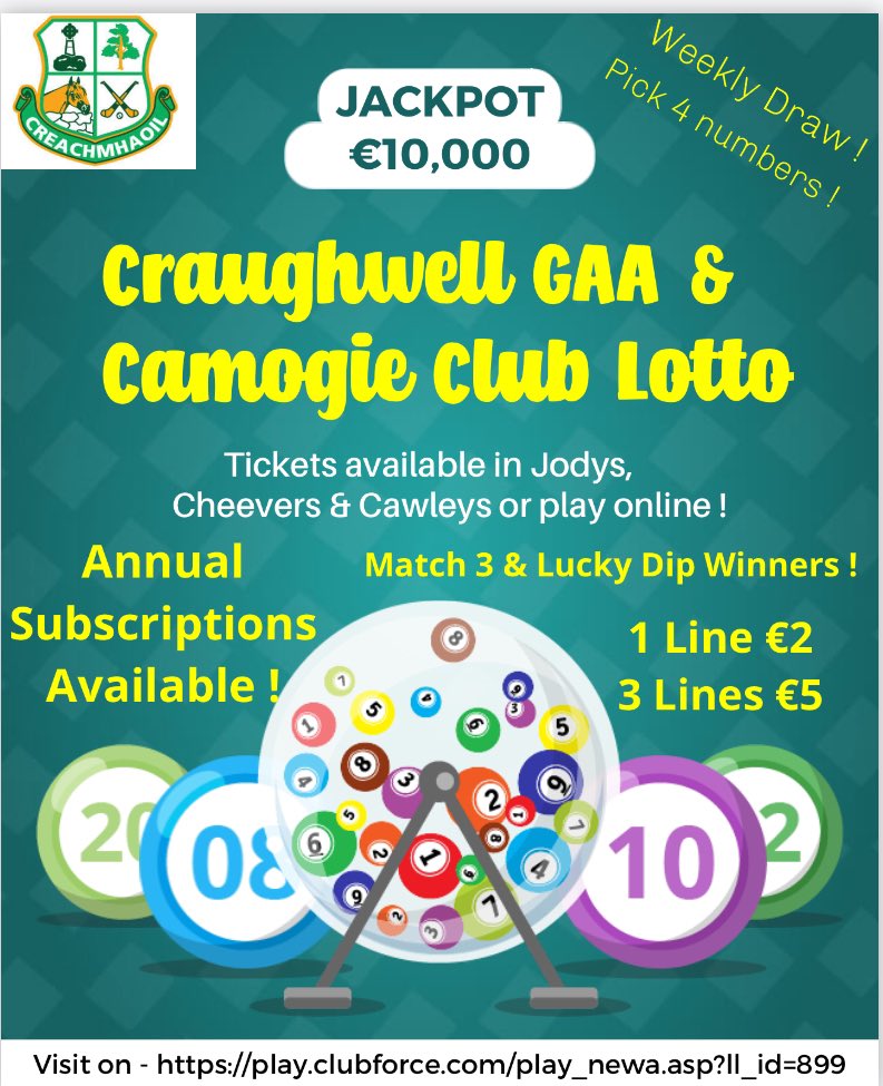 Feeling lucky?
Our club lotto is a massive €10,000.
To be in with a chance of winning, get your tickets in either Jodys, Cheevers or Cawleys or you can play online with the link : play.clubforce.com/play_newa.asp?…