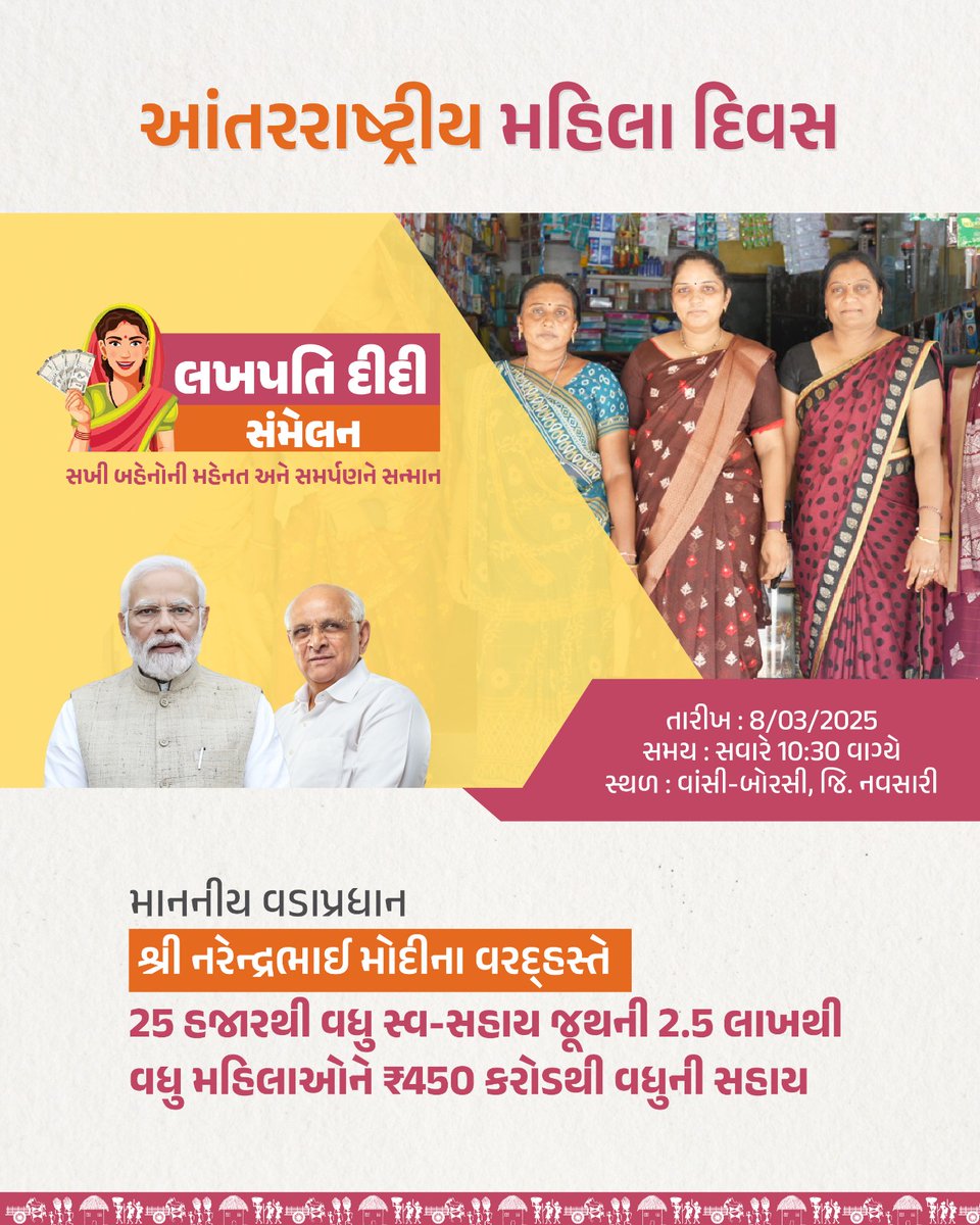 સખી બહેનોની મહેનત અને સમર્પણને સન્માન... 

માન. વડાપ્રધાન શ્રી નરેન્દ્રભાઈ મોદીના વરદ્દહસ્તે નવસારી ખાતે લખપતિ દીદી સંમેલન કાર્યક્રમમાં  25 હજારથી વધુ સ્વ-સહાય જૂથની 2.5 લાખથી વધુ મહિલાઓને ₹450 કરોડથી વધુની સહાય...

#PMinGujarat 
#PMinGujaratVAL