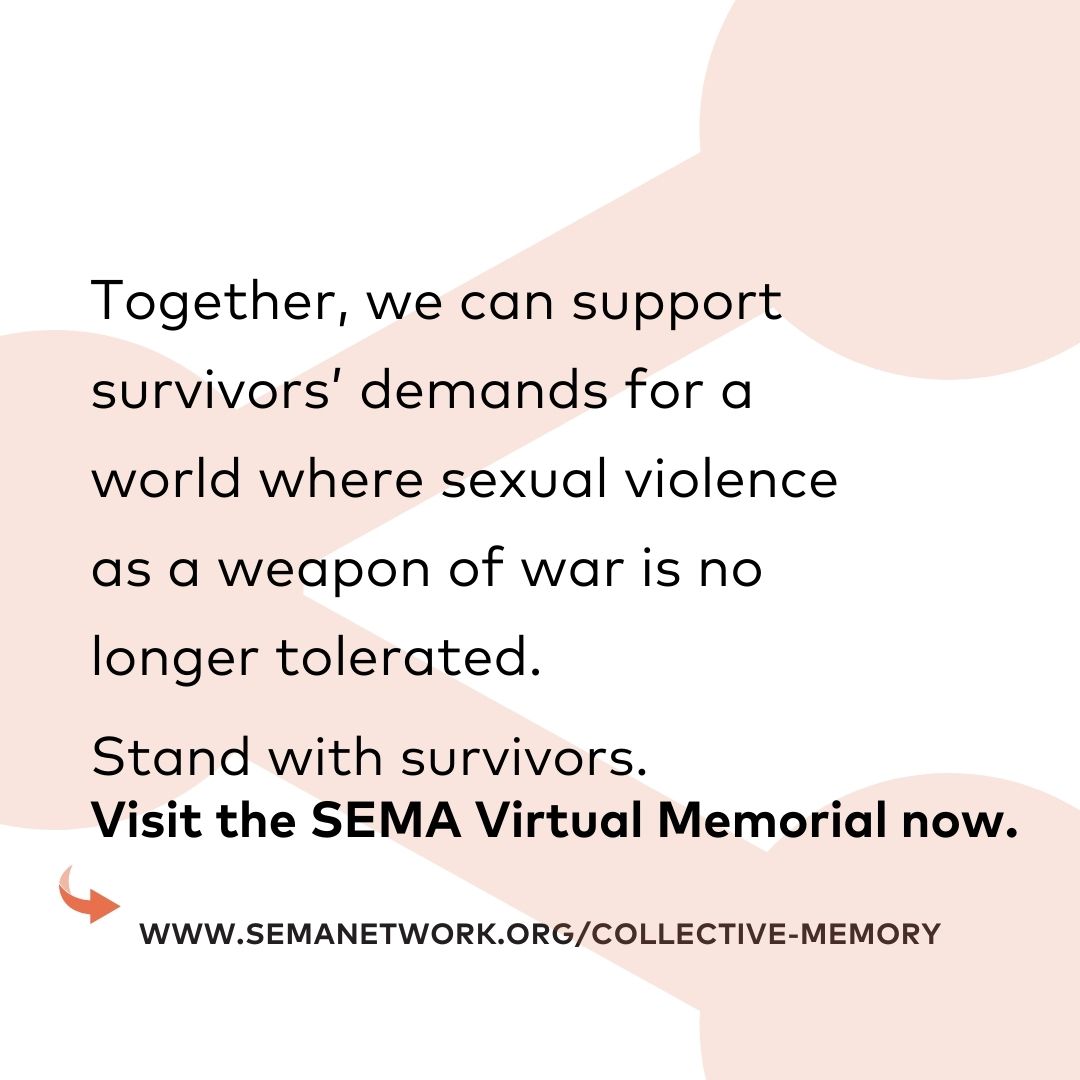 🔔On #IWD, we stand with #crsv survivors. In conflict zones, women are at increased risk of #sexualviolence. In the #𝗦𝗘𝗠𝗔𝗩𝗶𝗿𝘁𝘂𝗮𝗹𝗠𝗲𝗺𝗼𝗿𝗶𝗮𝗹 survivors reclaim their stories &amp; reshape the narrative of #conflict. Stand with survivors. Visit: semanetwork.org/collective-mem…