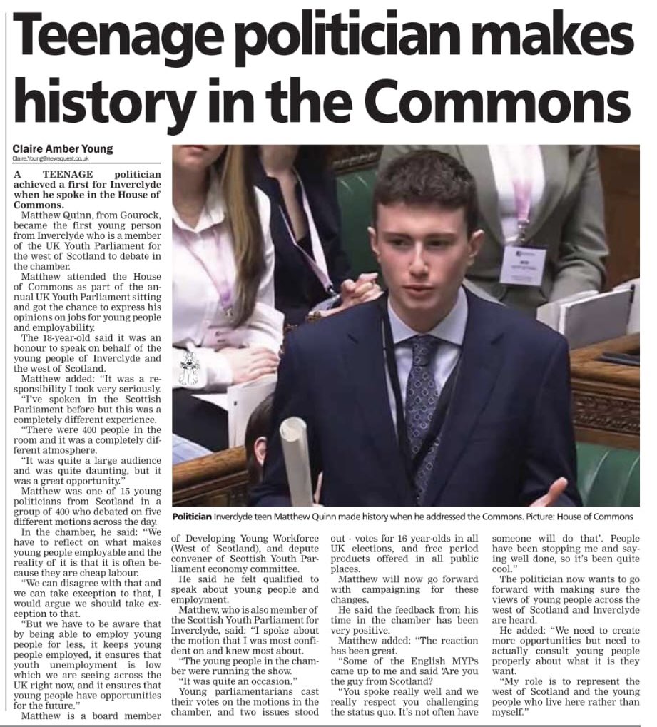 📰 Featuring in <a href="/greenocktele/">Greenock Telegraph</a> weekend edition. 

Thank you to everyone who has reached out to congratulate me on my speech. I am overwhelmed by your support. 

History will be kind to Inverclyde’s young people- for we intend to write it. 

#HouseOfCommons #MakingHistory