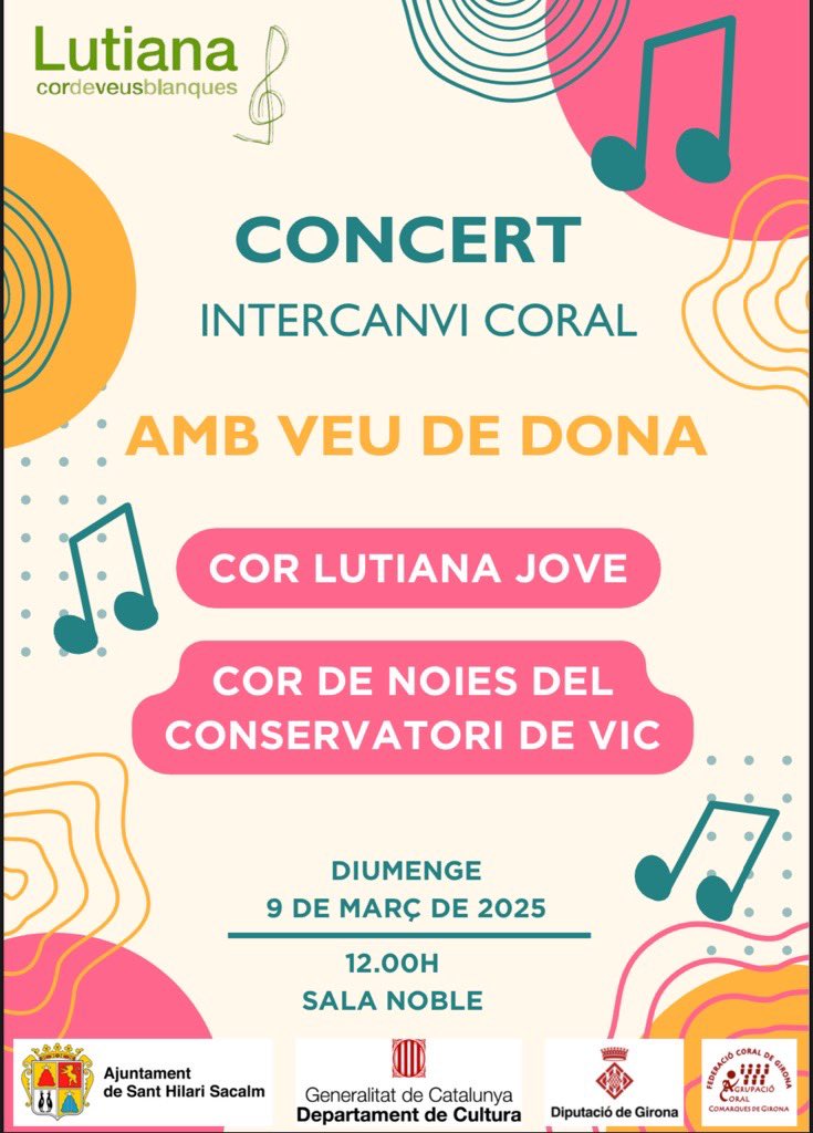 🎼 La música ens uneix. #8M 

Intercanvi i Concert Coral del <a href="/CorLutiana/">Cor Lutiana</a> jove i el Cor de noies del Conservatori de Vic. 

📆 Diumenge 9 de març a les 12 h.
📍Sant Hilari Sacalm