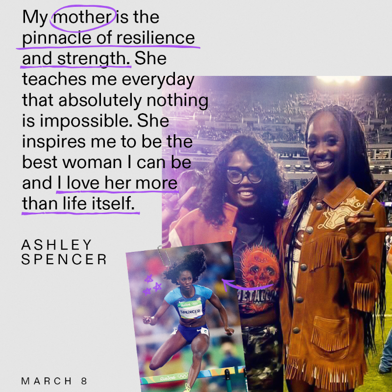 Olympics's tweet photo. Here’s to the incredible women who lift us up... mothers, coaches, &amp; more.

We asked these female athletes which women inspired them the most - their answers are nothing short of inspiring 💜

#IWD2025 I @lindseyvonn I @_charihawkins I @theTrackQueen I @mischaa_27 I @OrmerodKatie