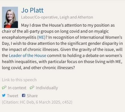 tessamunt's tweet photo. Great question from @JoPlatt, Chair of APPG ME, on which I serve, highlighting how #ME disproportionately affects women. As we celebrate #InternationalWomensDay we’re looking to Dept Health SocialCare for an ambitious and well funded Delivery Plan for ME. #ThereForME @actionforme https://t.co/cKqbSEcgfu