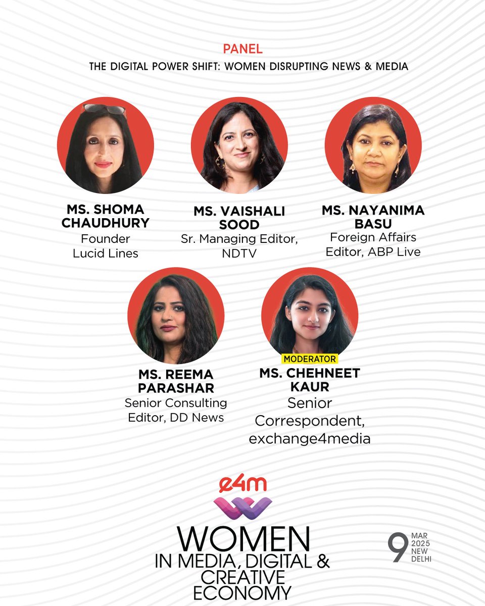 exchange4media group (@e4mtweets) on Twitter photo The Digital Power Shift: Women Disrupting News & Media 💻🚀"
Join leading women in journalism as they discuss how they’re driving credibility, redefining audience engagement, and building media ventures that prioritize truth and inclusivity.
🎙 Speakers:
🔹 Ms. <a href="/ShomaChaudhury/">Shoma Chaudhury</a> – The Digital Power Shift: Women Disrupting News & Media 💻🚀"
Join leading women in journalism as they discuss how they’re driving credibility, redefining audience engagement, and building media ventures that prioritize truth and inclusivity.
🎙 Speakers:
🔹 Ms. <a href="/ShomaChaudhury/">Shoma Chaudhury</a> –