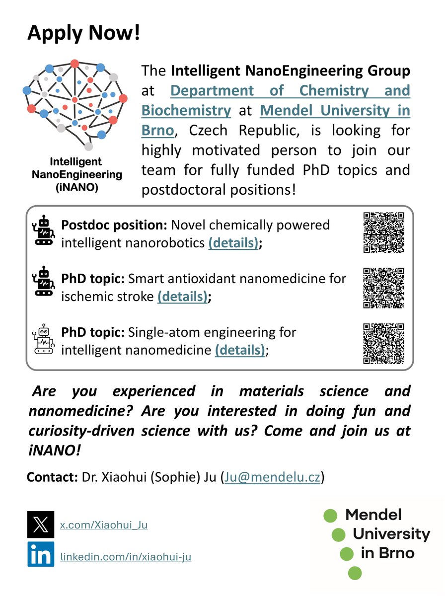 Xiaohui (Sophie) Ju (@xiaohui_ju) on Twitter photo 📢 📢 Postdoc and PhD positions available!📢 📢
Join the Intelligent NanoEngineering group (iNANO) 🤖 at <a href="/MENDELUcz/">Mendelova univerzita v Brně</a> <a href="/DepartmentofCh1/">Department of Chemistry And Biochemistry MENDELU</a> in Brno, Czech Republic! Multiple openings for passionate researchers🧑🔬👩🔬. Come and do fun science with us~🧪🔬🥼Please help to spread the word! 📢 📢 Postdoc and PhD positions available!📢 📢
Join the Intelligent NanoEngineering group (iNANO) 🤖 at <a href="/MENDELUcz/">Mendelova univerzita v Brně</a> <a href="/DepartmentofCh1/">Department of Chemistry And Biochemistry MENDELU</a> in Brno, Czech Republic! Multiple openings for passionate researchers🧑🔬👩🔬. Come and do fun science with us~🧪🔬🥼Please help to spread the word!