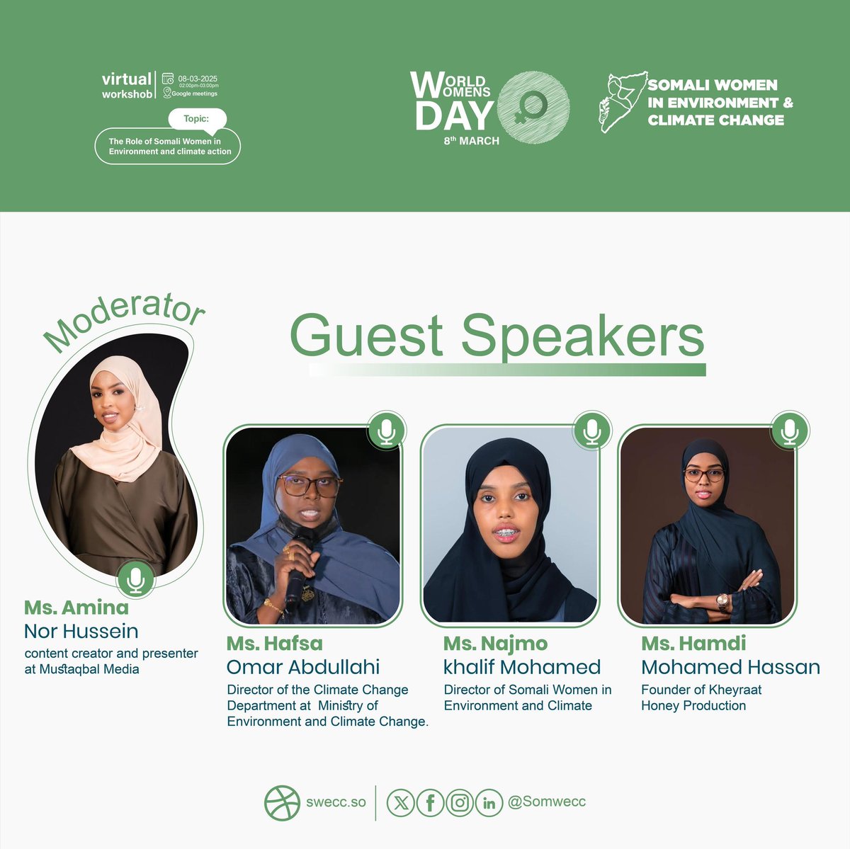 🌟 Our session starts soon! Join us to discuss the crucial role of Somali women in environment and climate action. 🌍 

🕑 Time: 2:00 - 3:00 PM (EAT)  
📍 Location: Google Meet  

Let’s empower and celebrate their impact! #SomaliWomen
#InternationalWomensDay2025