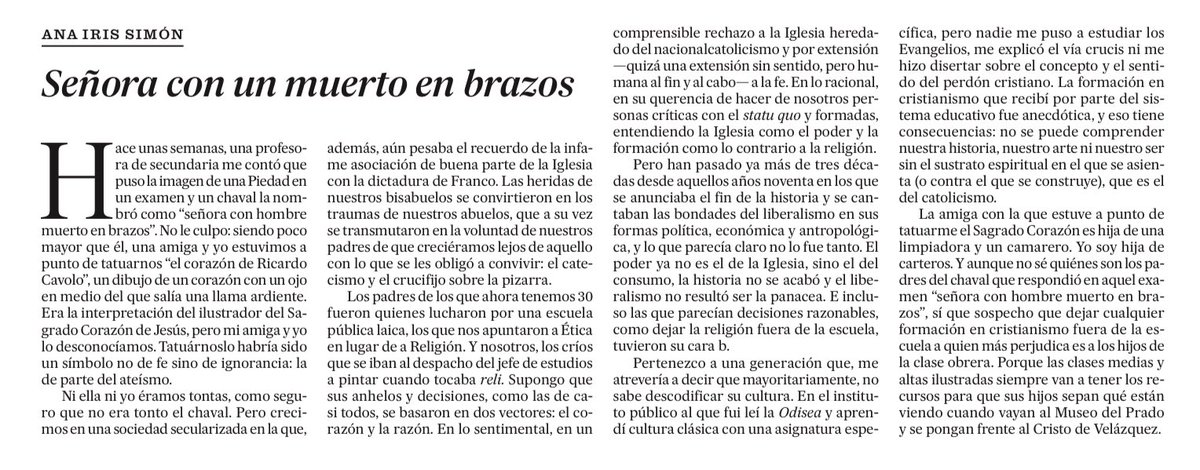 Esto de <a href="/anairissimon/">Ana Iris Simón</a> en <a href="/el_pais/">EL PAÍS</a> es clave y está pasando a diario en nuestras aulas. Te podrá gustar más o menos, pero Europa tiene una ascendencia judeocristiana y grecolatina que ahora mismo se nos impide transmitir en la escuela. Y quien pierde son las clases bajas.