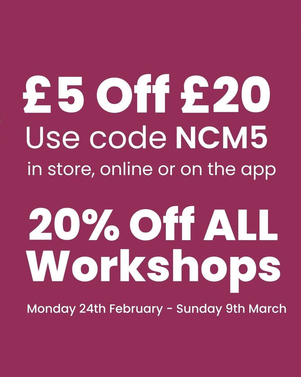 LutonRetailPark's tweet photo. ✨ Celebrate National Craft Month with @Hobbycraft! ✨

Get £5 off when you spend £20 in-store, 20% off workshops and free project ideas to spark your creativity!

To redeem in-store, show this post at the till. To redeem online, enter NCM5 at checkout. https://t.co/8XpviVwzF3