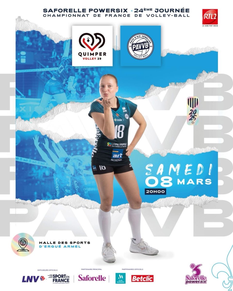 #J24 Saforelle Power6 <a href="/LNVofficiel/">LNV</a> ⚪️🔵

Quimper Volley 29 🆚 Pays d'Aix Venelles Volley Ball

🗓️ Samedi 8 Mars    
⏰ 20:00

📍 Quimper  
📺 LNV TV