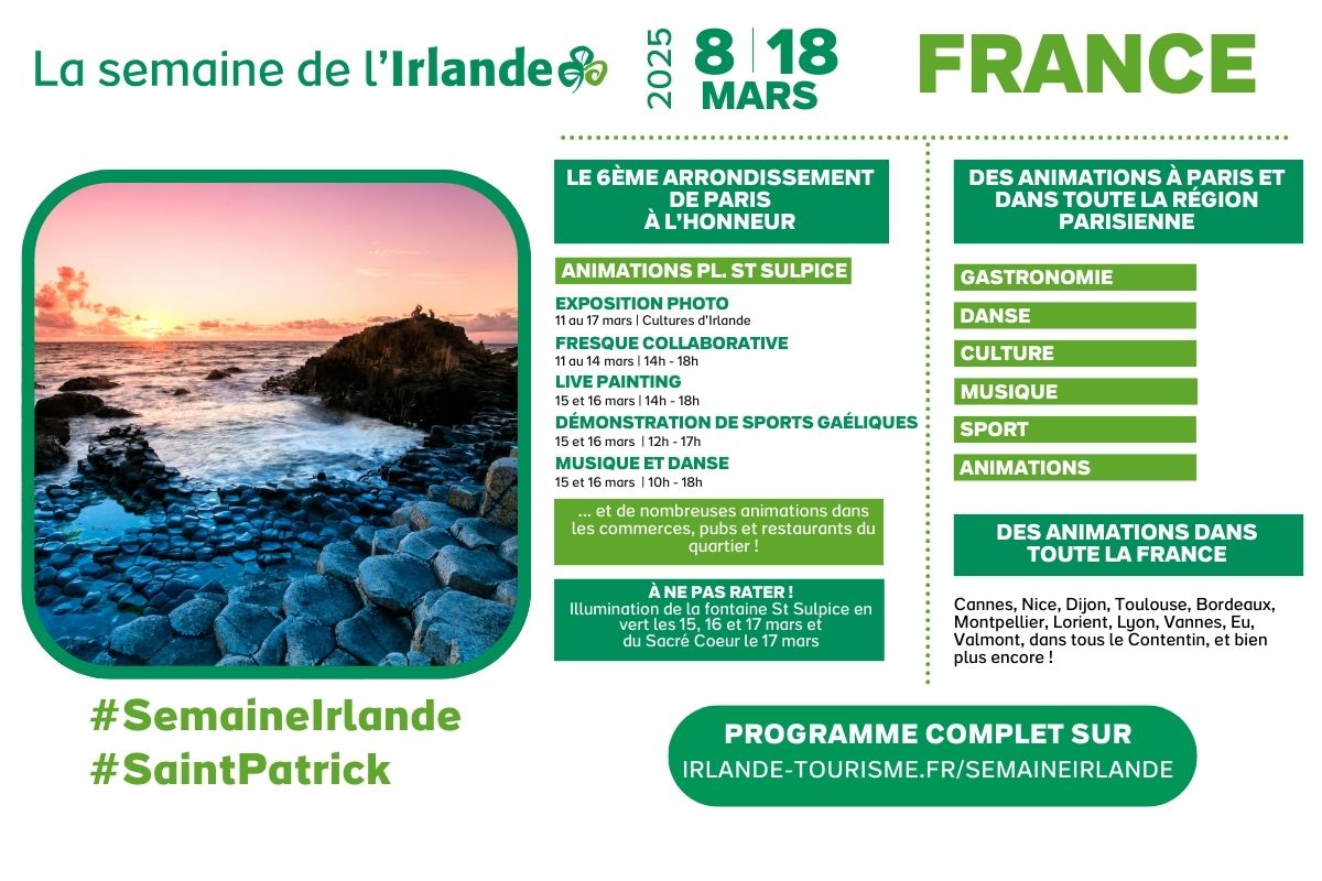 La Semaine de l'Irlande est de retour à Paris et dans toute la France pour la Saint-Patrick ! ☘️
Musique, danse irlandaise, gastronomie, concerts, cinéma et bien plus encore... 🎶🍲🎻🎬
Découvrez le programme complet 👉 irlande-tourisme.fr/SemaineIrlande