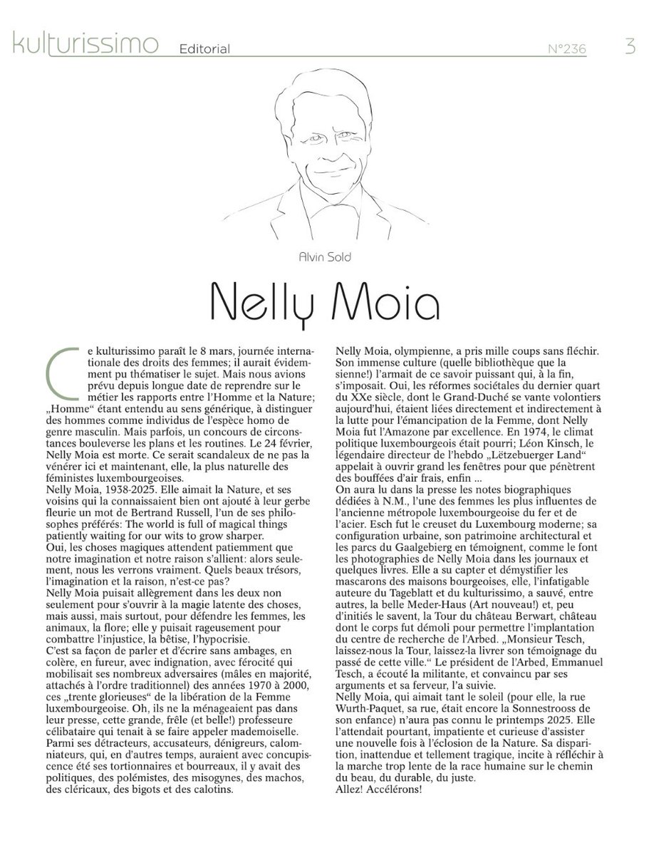 SoldAlvin's tweet image. Nelly Moia est morte. Une femme extraordinaire, une féministe imperturbable, une de ces enseignantes qui vous marquent pour la vie. - Et si le Lycée de Garçon d'Esch-sur-Alzette devenait Lycée Nelly Moia, serait-ce scandaleux? - Mon édito, dans kulturissimo (Tageblatt)