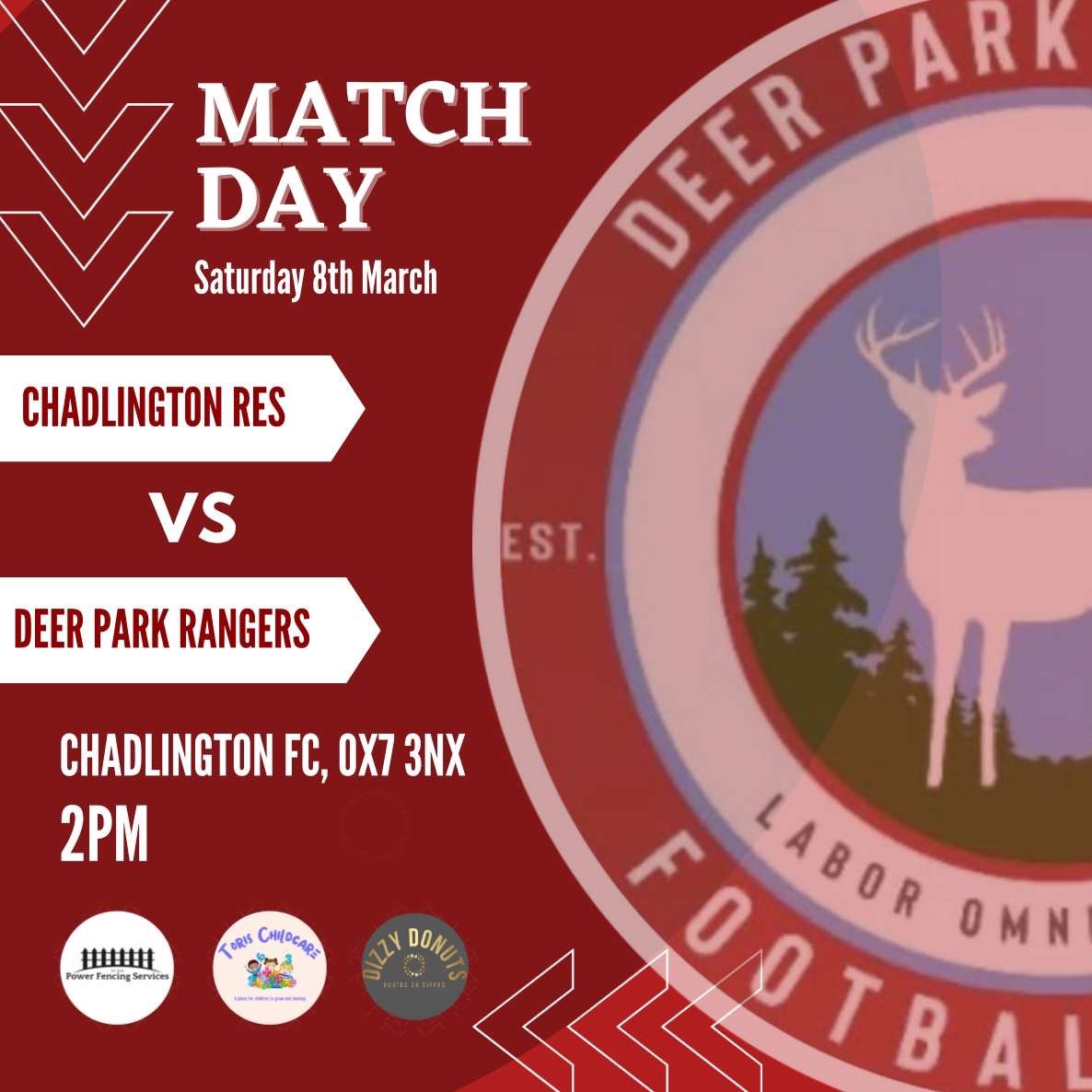 Deer Park Rangers🦌 (@dpr_fc) on Twitter photo ‼️ MATCH DAY ‼️
🆚 <a href="/ChadlingtonFC/">Chadlington Football Club</a> Reserves
⏰ 14:00 KO
📍 OX7 3NX
🏟️ Chadlington F.C.
🏆 Division 2
Sponsored by Power Fencing Services
#WeAreDPR 🦌 ‼️ MATCH DAY ‼️
🆚 <a href="/ChadlingtonFC/">Chadlington Football Club</a> Reserves
⏰ 14:00 KO
📍 OX7 3NX
🏟️ Chadlington F.C.
🏆 Division 2
Sponsored by Power Fencing Services
#WeAreDPR 🦌