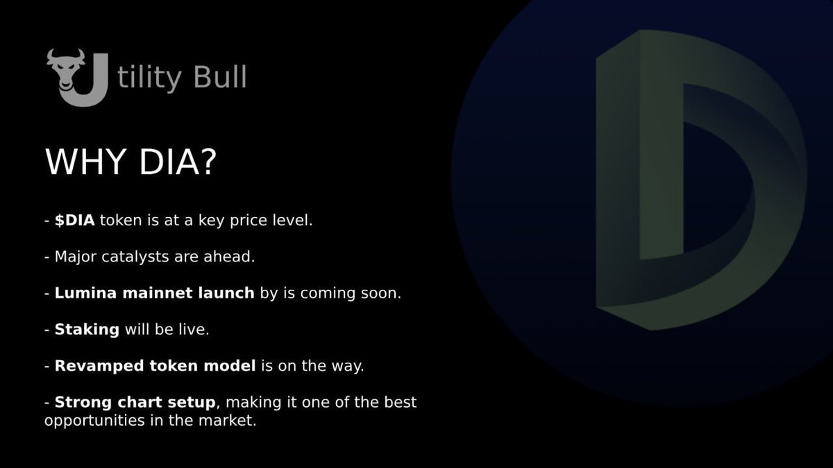 $DIA is sitting at a key price level, with major catalysts ahead.

With the <a href="/DIAdata_org/">DIA | Cross-Chain Oracles for Web3</a> Lumina mainnet launch coming soon, staking, a revamped token model, and a great looking chart, this is one of the best setups in the market.

Here is a quick breakdown. 🧵👇