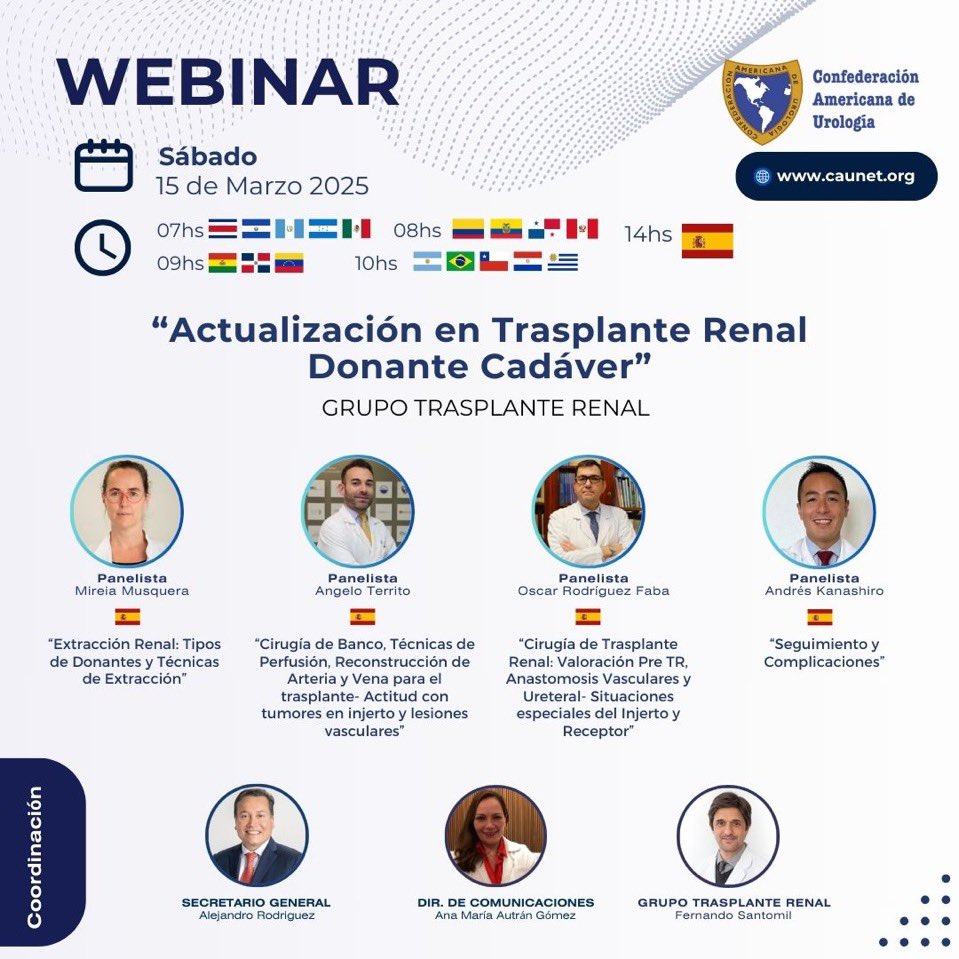 Óscar Rodríguez Faba (@rodriguezfaba) on Twitter photo Queda solamente 1 semana para el webinar de actualización en trasplante renal de la <a href="/CAU_URO/">Confederación Americana de Urología (CAU)</a>
Evento de gran interés para residentes y adjuntos de urología dedicados al trasplante renal
Inscripción en este link⬇️
us06web.zoom.us/webinar/regist… Queda solamente 1 semana para el webinar de actualización en trasplante renal de la <a href="/CAU_URO/">Confederación Americana de Urología (CAU)</a>
Evento de gran interés para residentes y adjuntos de urología dedicados al trasplante renal
Inscripción en este link⬇️
us06web.zoom.us/webinar/regist…