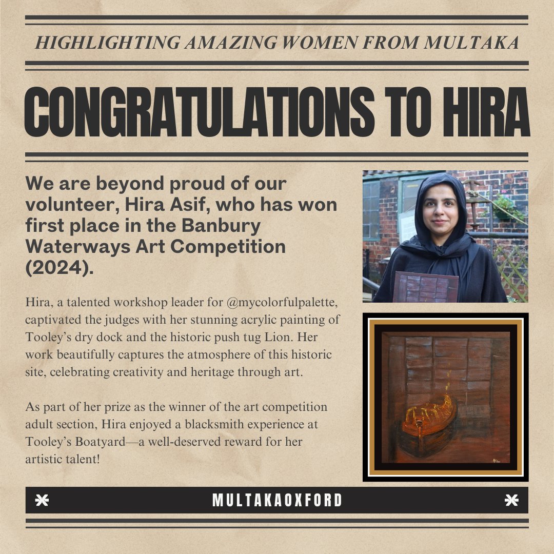 Huge congratulations to our incredible volunteer, Hira Asif! 🏆🎨 She took first place in the Banbury Waterways Art Competition (2024) with her breathtaking acrylic painting of Tooley’s dry dock and the historic push tug Lion. 🖌️✨