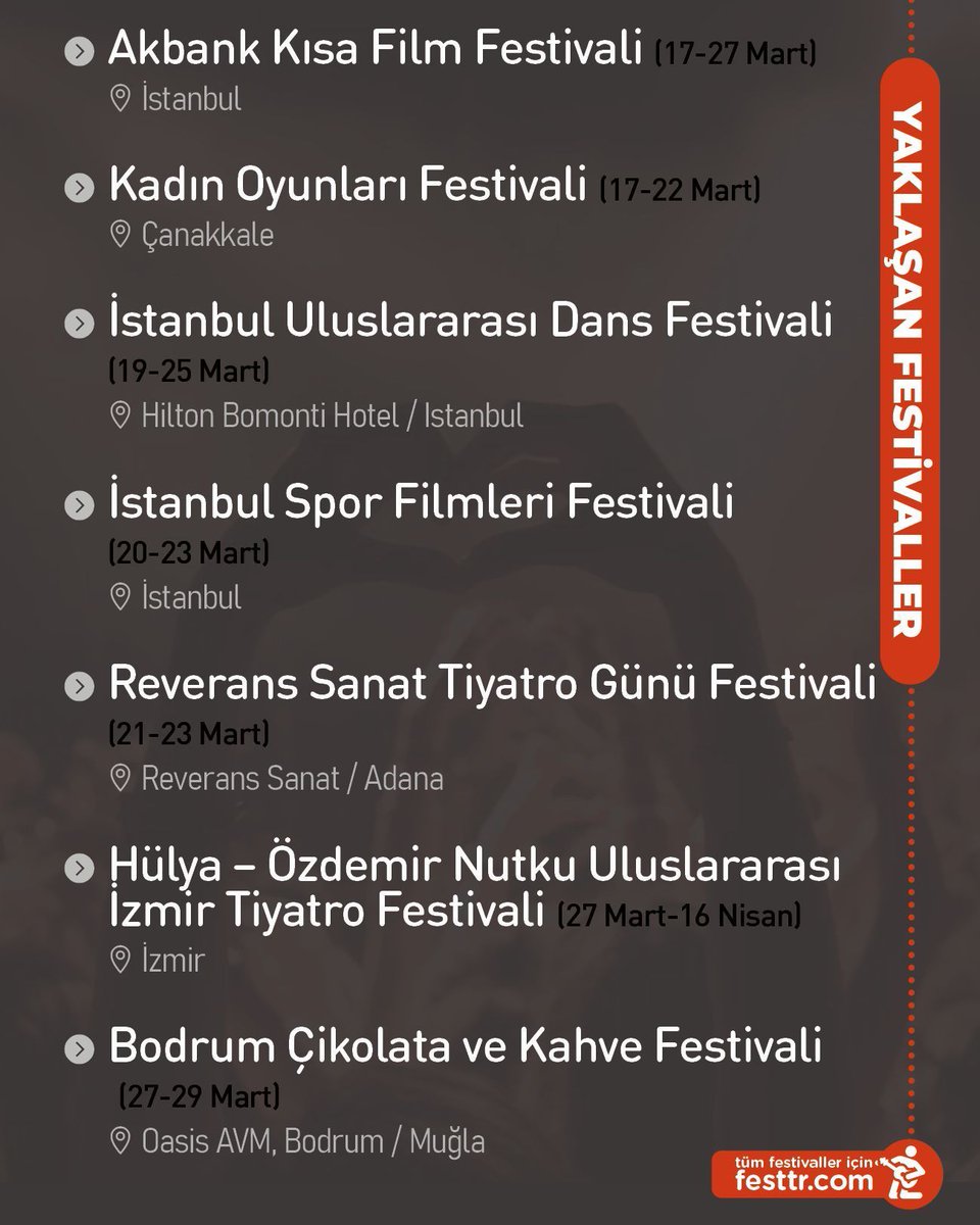 Yaklaşan festivallerin listesi 🗓️ Post'u faydalı bulduysan beğenmeyi unutma ❤️

Tüm festivaller için festtr.com