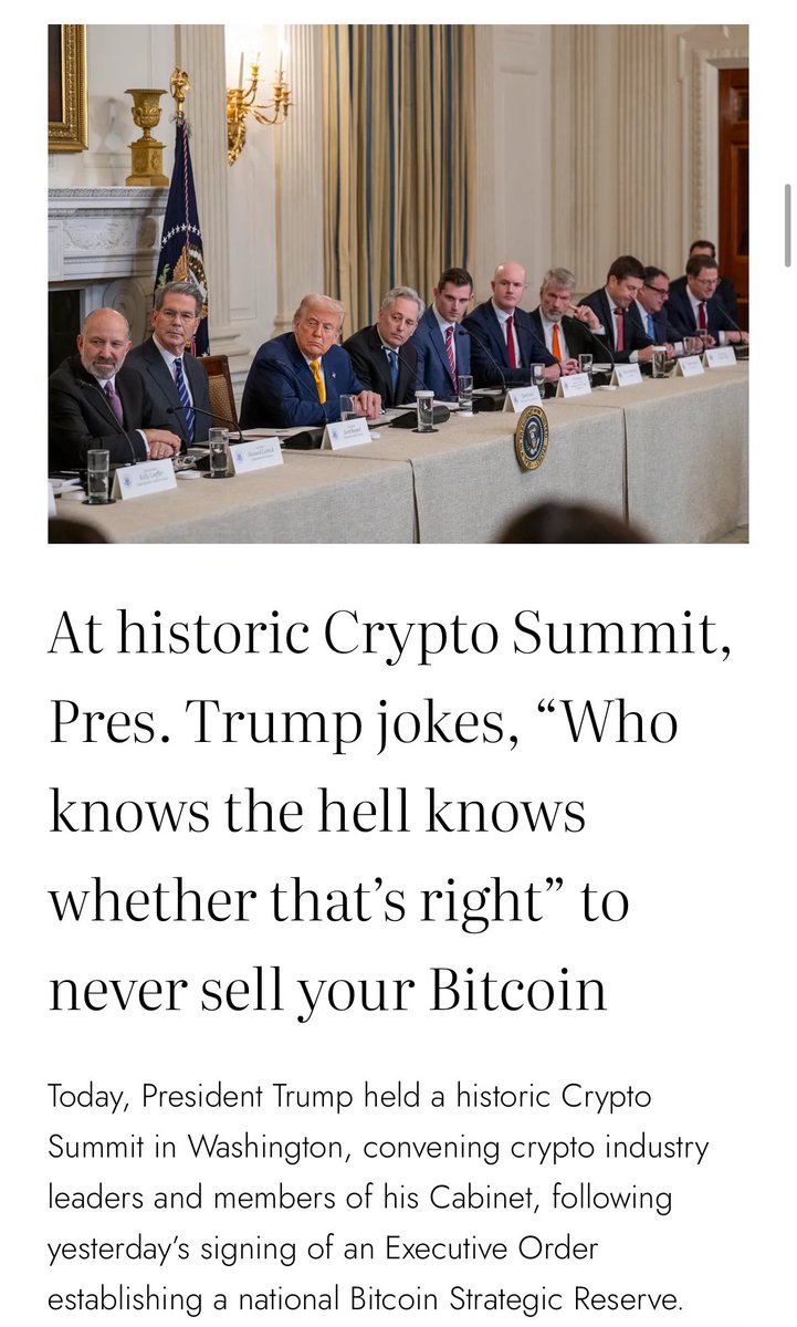 Pres. Trump jokes about whether it’s actually true you should never sell your Bitcoin. Who knows? Full video : bitcoiniseatingtheworld.com/2025/03/07/at-…