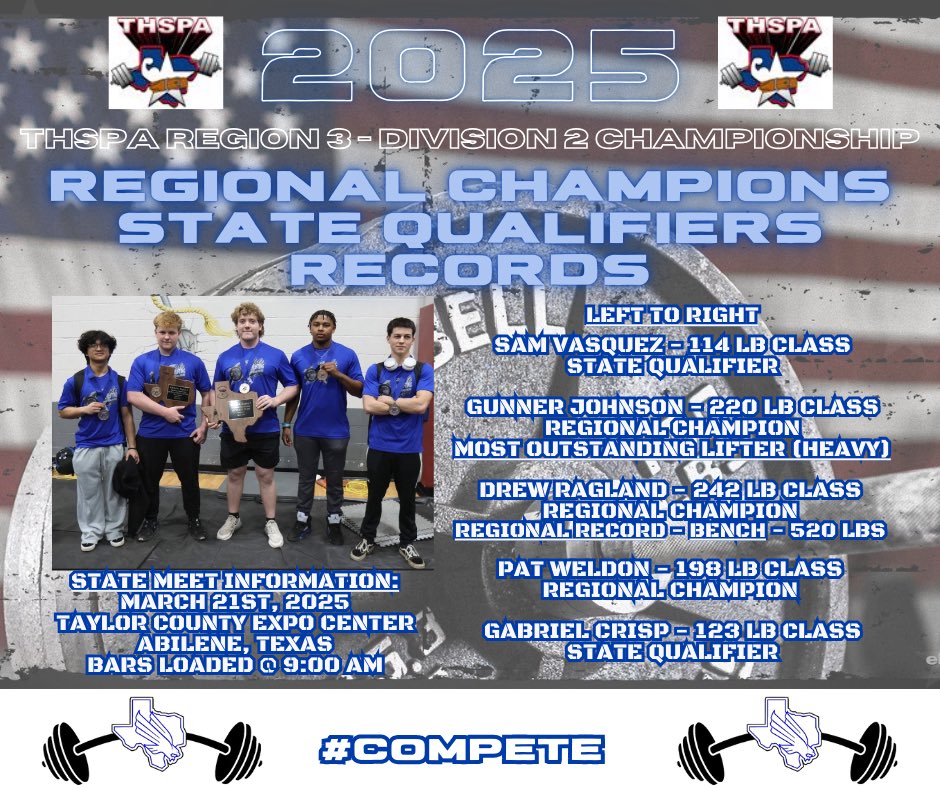 Outstanding year for the <a href="/LindalePWL/">Lindale Powerlifting</a> Boys team! Region 3 Champions and sending 5 of our DUDES to the <a href="/TxHSPWL/">THSPA</a> State Meet!

Can’t wait to watch these guys #COMPETE in Abilene, TX! 

<a href="/LindaleISDNews/">Lindale ISD</a> <a href="/LHSEagleEye/">Eagle Eye</a> <a href="/Coach_Cochran/">Chris Cochran</a>
