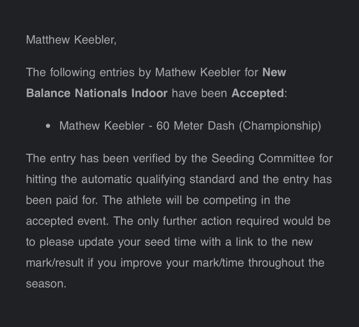 rtnmatt7's tweet image. Blessed to have been accepted to attend New Balance Nationals Indoor for the 60m🙏🏽 @SpeedyDobbs14 @HallTechSports1