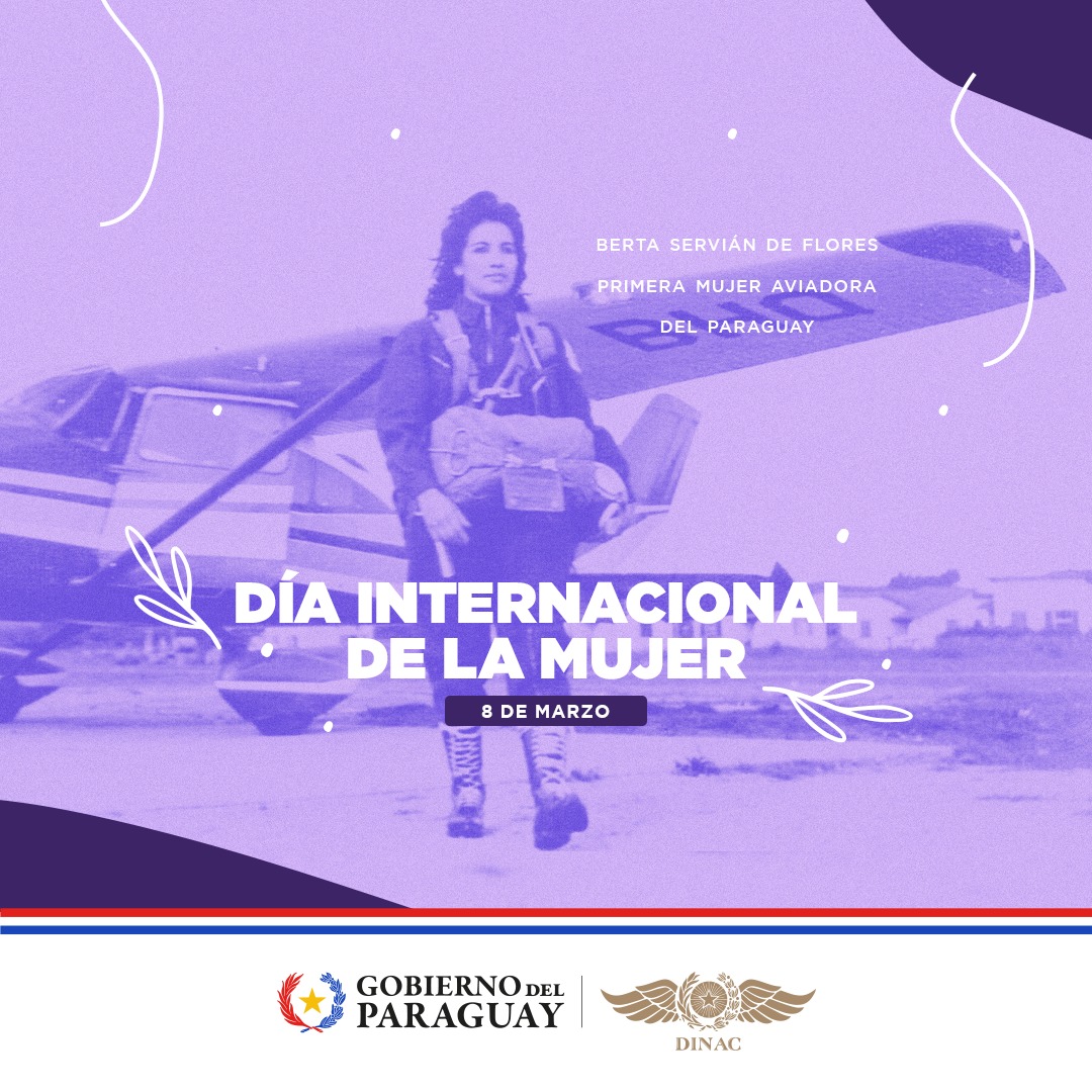 dinacpy's tweet image. Berta Servián de Flores ✈️, la primera aviadora del Paraguay, rompió barreras y desafió estereotipos con cada vuelo.

Hoy, en el #DíaInternacionalDeLaMujer 💜, celebramos su valentía y pasión por volar alto, inspirándonos a romper límites y alcanzar nuestros sueños. 🚀✨
#DinacPy