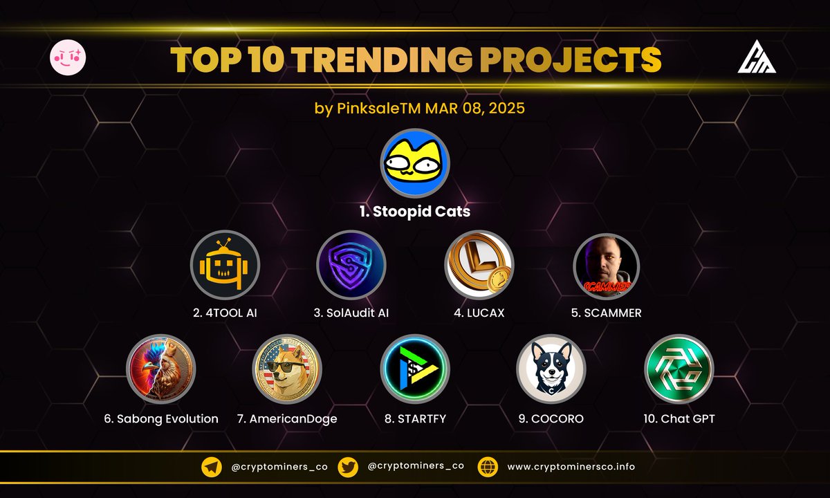CryptoMiners_Co's tweet image. 🏆 TOP 10 TRENDING PROJECTS on #PinkSale

🥇 $STOCAT - @x_stoopidcats_x
🥈 $4TOOL - @4toolai
🥉 $AUDIT - @solaudit_ai
4️⃣ $LUCAX - @Lucax_Finance
5⃣ $SCAMMER - @scammerofc
6⃣ $SEVOX - @sabongevo
7️⃣ $AMD - @amdamerican
8️⃣ $STARTFY - @Startfy_Crypto
9️⃣ $COCORO - @cocoro_dogs
🔟…