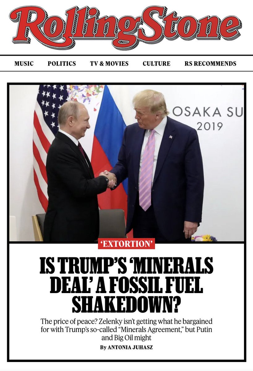 My latest: Zelensky is being forced into an "extortionist" "neocolonial plundering" of Ukraine's riches, giving Trump &amp; Putin unprecedented control of fossil fuels &amp; minerals. Big Oil's big prize awaits: Russia's vast oil &amp; gas fields. rollingstone.com/politics/polit… via <a href="/RollingStone/">Rolling Stone</a>