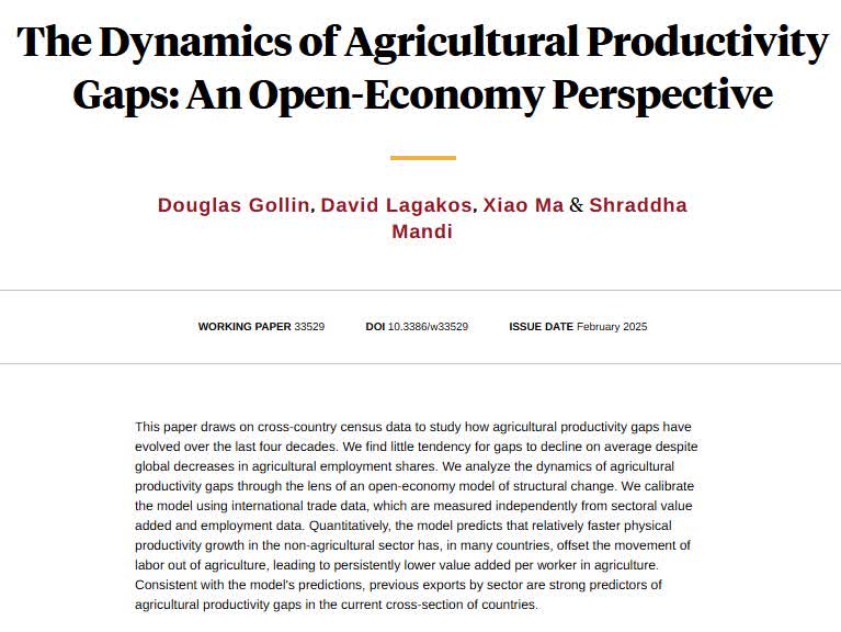 How agricultural productivity gaps have evolved over the last four decades, from Douglas Gollin, <a href="/LagakosDavid/">David Lagakos</a>, <a href="/xiaomaucsd/">Xiao Ma</a>, and Shraddha Mandi nber.org/papers/w33529