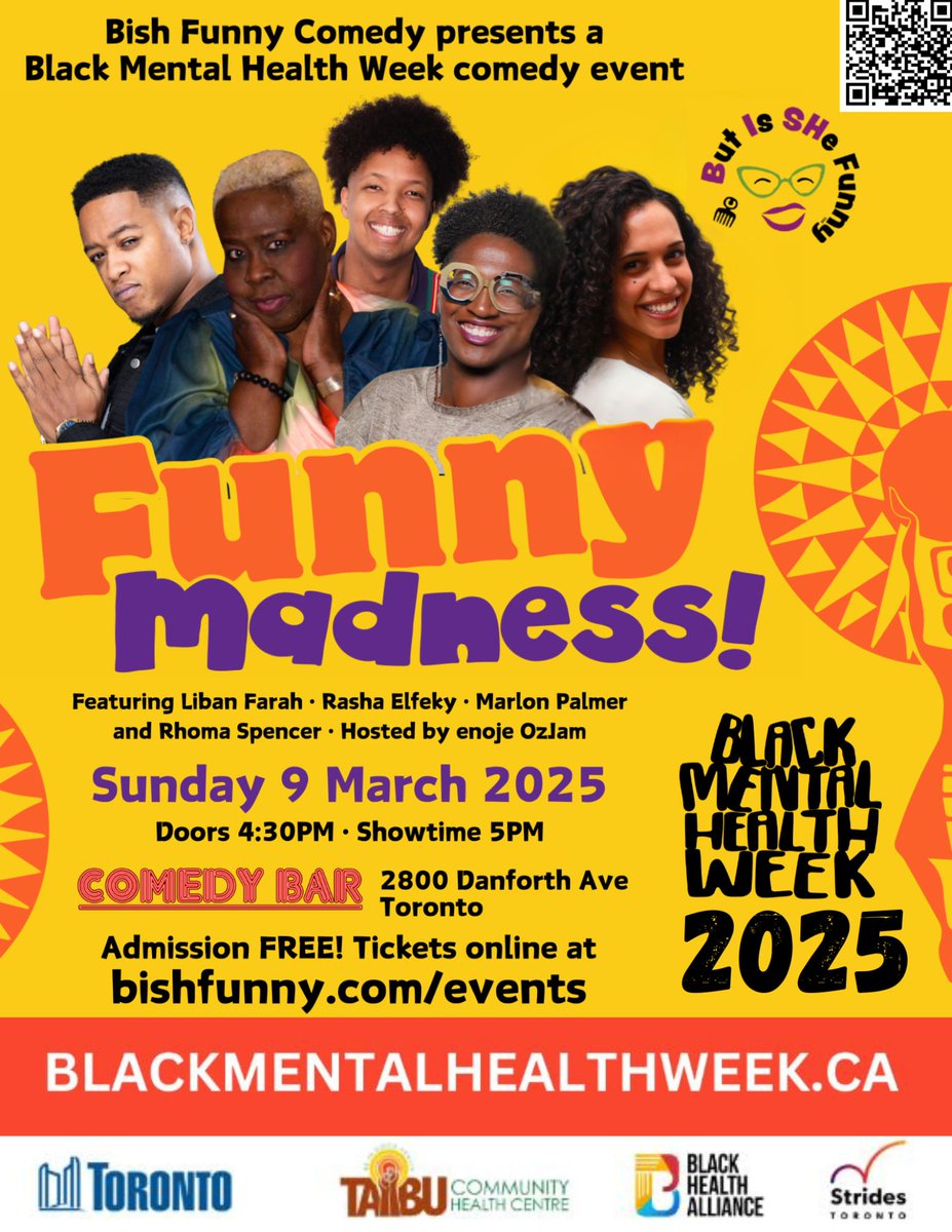 City of Toronto Confronting Anti-Black Racism Unit (@cabr_toronto) on Twitter photo TOMORROW! Laughter is Medicine! Join us March 9 for Funny Madness, a #BMHW2025 comedy show starring Black comedians! Featuring Toronto's Marlon Palmer <a href="/ThatDudeMCFLY/">Waiting to Oxtail</a>!
🕓 Doors 4:30 PM | 📍 Comedy Bar Danforth, East Toronto
Free entry! Tickets: bishfunny.com/events TOMORROW! Laughter is Medicine! Join us March 9 for Funny Madness, a #BMHW2025 comedy show starring Black comedians! Featuring Toronto's Marlon Palmer <a href="/ThatDudeMCFLY/">Waiting to Oxtail</a>!
🕓 Doors 4:30 PM | 📍 Comedy Bar Danforth, East Toronto
Free entry! Tickets: bishfunny.com/events