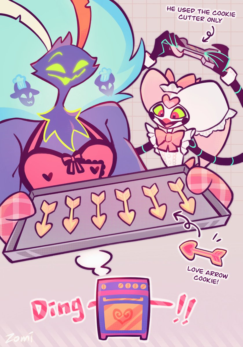 ZomiCoco's tweet photo. I'm super late but here's fizzarozzie valentine's day baking 🍪💘
#HelluvaBossFanart #Fizzarozzie #Fizzarolli #Ozzie https://t.co/oVjllWGsYO