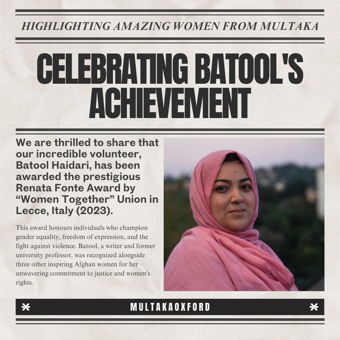 Celebrating our amazing volunteer, Batool Haidari! 🌟 She has been honored with the prestigious Renata Fonte Award by the “Women Together” Union in Lecce, Italy. 🏆✨ A well-deserved recognition for her resilience and dedication to women's rights. 💜 #Inspiration #MultakaOxford