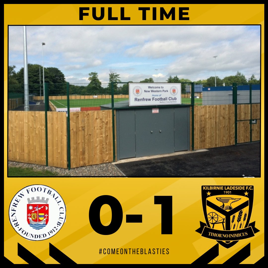 📢 Full-Time 📢

Difficult half but boys seen it out we walk away win &amp; clean sheet brillant!!👊🏻🐝

Thanks to Renfrew for their hospitality like to wish them all the best for the season🤝🏻

<a href="/RenfrewFC/">RenfrewFC</a> 🇦🇷 0 - 1 🐝 <a href="/LADESIDE1901/">KILBIRNIE LADESIDE SUPPORTERS CLUB</a> 

Goals from⚽️
Sam McLoy⚽️

#ComeOnTheBlasties