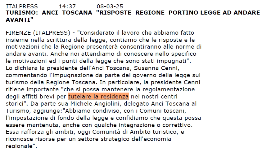 Al di là della sua palese incostituzionalità, considerato che le locazioni sono materia di competenza esclusiva dello Stato, la Presidente dell'<a href="/AnciToscana/">Anci Toscana</a> <a href="/susannacenni/">susanna cenni</a> saprebbe spiegare come può "tutelare la residenza" una legge con cui si limitano gli affitti brevi ma si