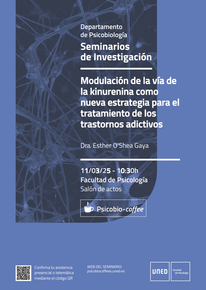 11 de marzo:Psicobiocoffee. 10:30 salón de actos de la Facultad de Psicología de la UNED. Apúntate!!:
forms.office.com/r/8cShwwFqVc
 impartido por la Dra. Esther O´Shea del Departamento de Farmacología y Toxicología de la Facultad de Medicina de la Universidad Complutense de Madrid