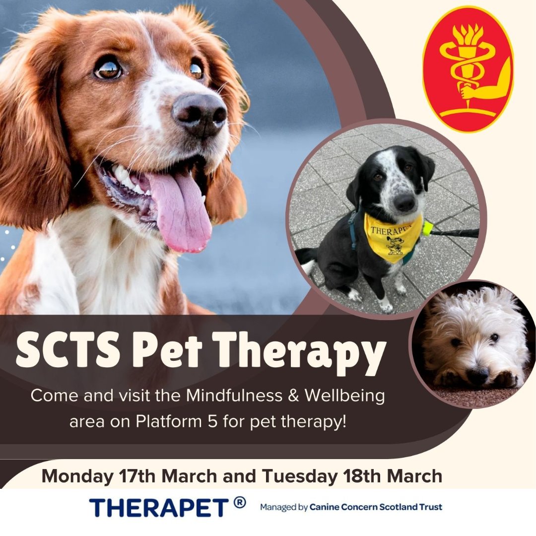 🐕 Have you tried pet therapy? 🐕

Come and visit the Mindfulness &amp; Wellbeing area on Platform 5 for pet therapy with Therapet in the lunch breaks on Monday 17th &amp; Tuesday 18th March.

#scts #scts2025 #cardiac #thoracic #cardiothoracucsurgery #mindfulness #wellbeingmatters