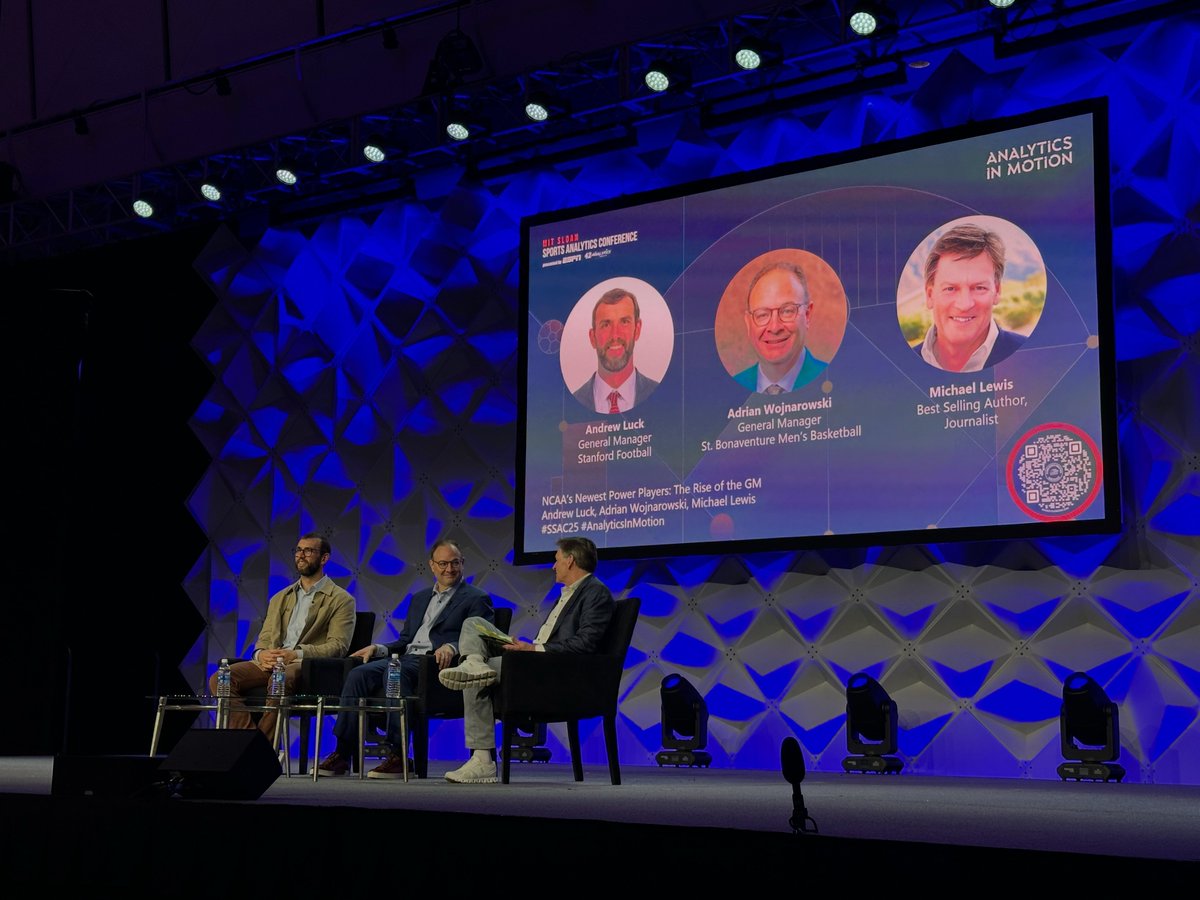 Award winning journalist and author Michael Lewis
moderating a conversation on the future of the GM role in college athletics with Andrew Luck and <a href="/wojespn/">Adrian Wojnarowski</a>, two legendary figures in their respective fields who are now prominent front-office leaders in their alma maters 👔