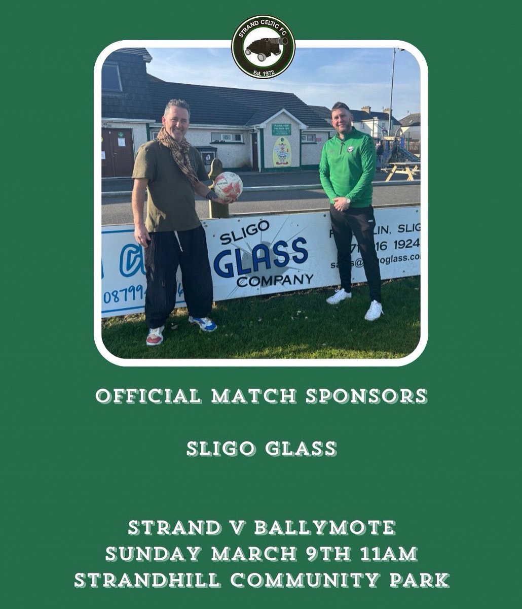 Strand Celtic FC (@strandcelticfc) on Twitter photo Thanks to club legend Barry Carty and all at <a href="/sligoglass1/">Sligo Glass</a> for sponsoring the match day ball for our Senior team.
We host Ballymote Celtic in the league tomorrow at 11am in Strandhill.All support welcome🟢⚪️ Thanks to club legend Barry Carty and all at <a href="/sligoglass1/">Sligo Glass</a> for sponsoring the match day ball for our Senior team.
We host Ballymote Celtic in the league tomorrow at 11am in Strandhill.All support welcome🟢⚪️