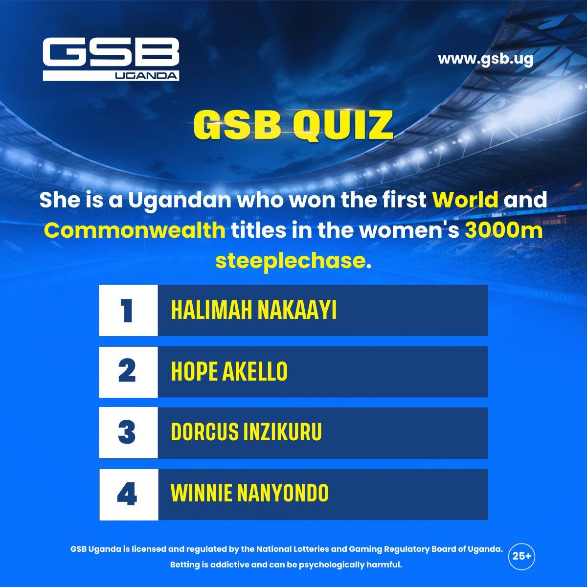 GSB_Uganda's tweet image. 𝐆𝐒𝐁 𝐐𝐔𝐈𝐙:
Guess the 🇺🇬 Ugandan athlete!
Over 30 winners will each win 5,000 UGX in Free Bets. Share, Like, Tag Two, and Comment with your GSB ID. The winners will be announced on Wednesday, the 12th.

#GSBUganda | #SportsBetting | #GSBQuiz