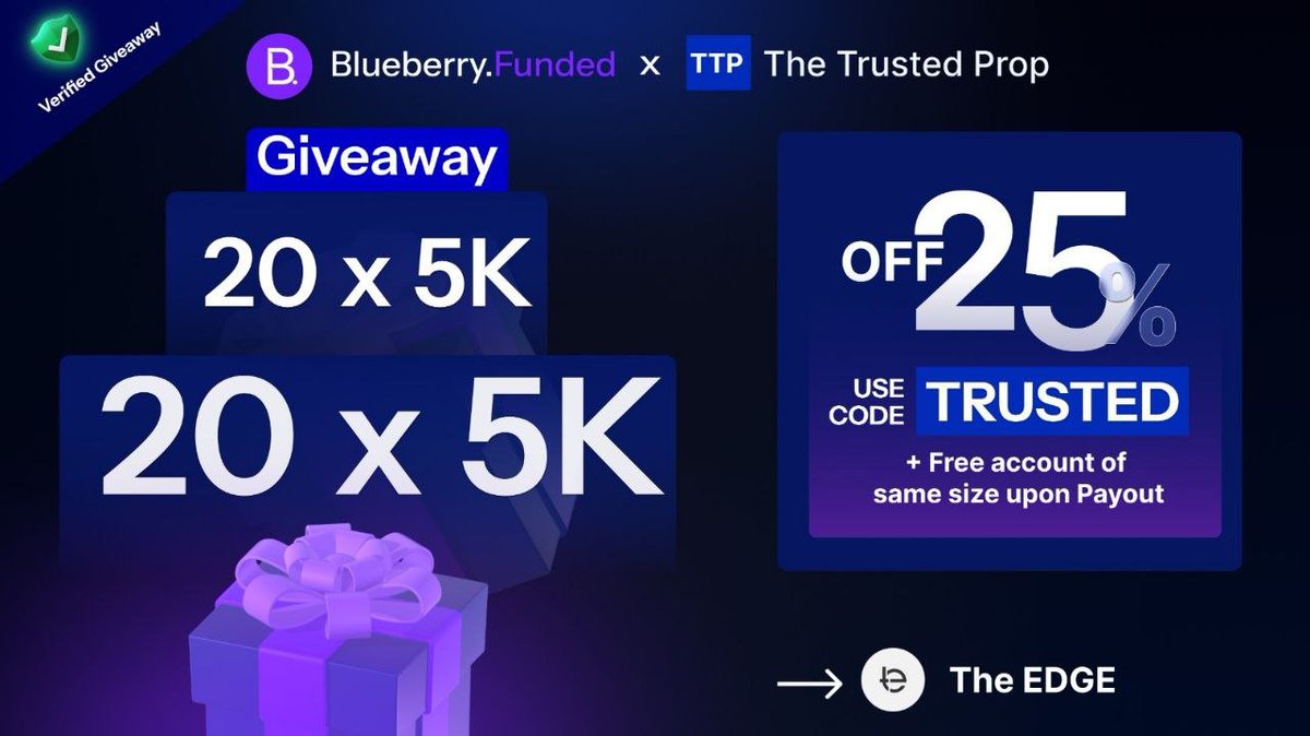 20 x 5k account giveaway 

1. Follow @thetrustedprop @blueberryfunded <a href="/mrmike1357/">MIK</a>  
2. Like and Repost 
3. Tag 3 traders in comment 
4. Engage with @thetrustedprop Pinned tweet 
5. Participate here : gleam.io/8xKdZ/the-trus…
6. join discord - discord.gg/wTW5TkRSyN