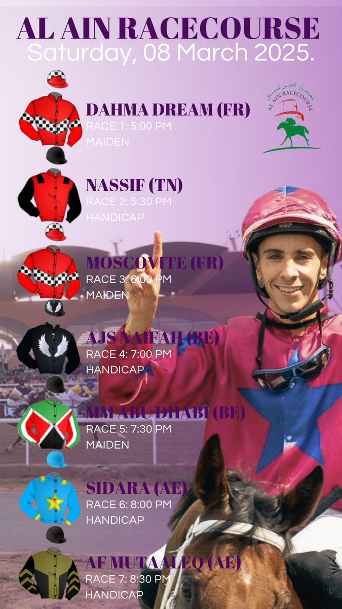 Bernardo Pinheiro (@jockeybpinheiro) on Twitter photo My rides today at <a href="/AlAinRaces/">Al Ain Racecourse</a> ๐๐ป
I wish all the best for everyoneโ๐ป๐๐ป๐๐ป
Race cards: emiratesracing.com/racecard/2025-โฆ My rides today at <a href="/AlAinRaces/">Al Ain Racecourse</a> ๐๐ป
I wish all the best for everyoneโ๐ป๐๐ป๐๐ป
Race cards: emiratesracing.com/racecard/2025-โฆ