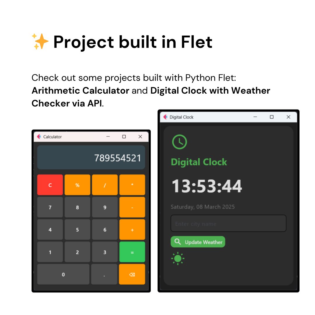 Learn to build amazing apps with Python Flet! In this new tutorial, you'll create an Arithmetic Calculator and a Digital Clock with Weather Checker via API.

👉 youtube.com/playlist?list=…

🔹 Easy to learn
#Python #Flet #PythonProjects #pybeginners