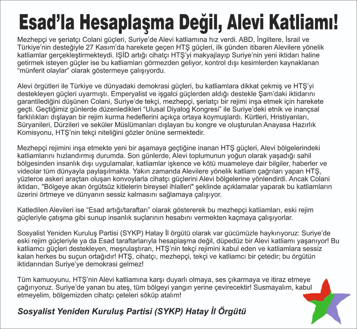 HataySykp's tweet photo. Suriye'de HTŞ çetelerinin Alevi katliamına ilişkin açıklamamız. https://t.co/TXALjo8lz6