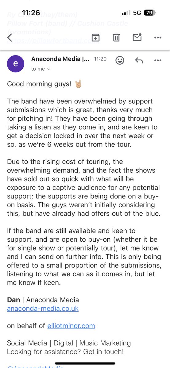 Pillow Fort (@pillowfortuk) on Twitter photo it’s support small bands until it isn’t
we asked <a href="/elliotminor/">Elliot Minor</a> if we could support a show on their tourthey asked us to pay for the privilege
Any band offering these deals is either actively hostile to small acts with less money, or they’re just stupid. Reconsider. it’s support small bands until it isn’t
we asked <a href="/elliotminor/">Elliot Minor</a> if we could support a show on their tourthey asked us to pay for the privilege
Any band offering these deals is either actively hostile to small acts with less money, or they’re just stupid. Reconsider.