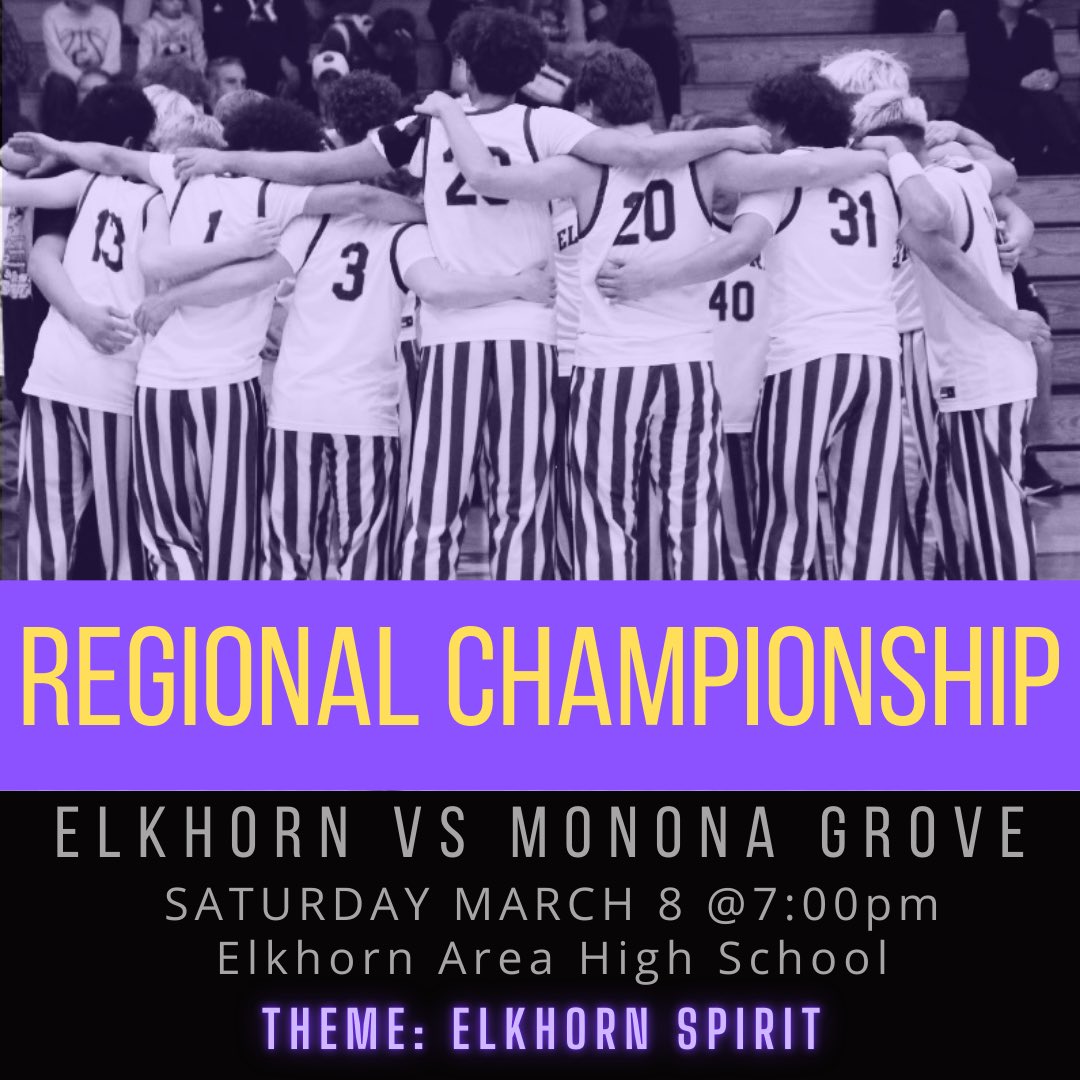 ❗️REGIONAL FINAL TONIGHT❗️

📍 Elkhorn Area High School
🆚 Monona Grove
⏰ 7:00 PM
🎥 youtube.com/@eahsyoutube90…
🎟️ gofan.co/event/3377655 or buy tickets at the door. 

Doors open at 6:00PM.

Play hard, play smart, play together!

GO ELKS! 🟣🟡