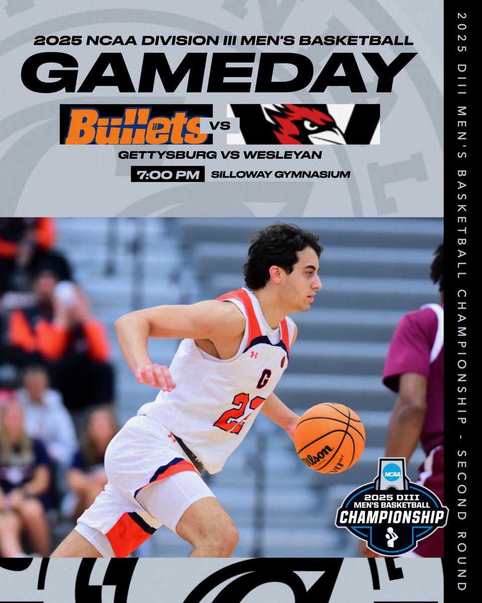 CentennialConf's tweet image. MBB | NCAA SECOND ROUND 

Gettysburg 
🆚 Wesleyan
⏰ 7:00 pm
📍Silloway Gym 

📹📊 bit.ly/3F6OMHr

#CCmbb #d3hoops